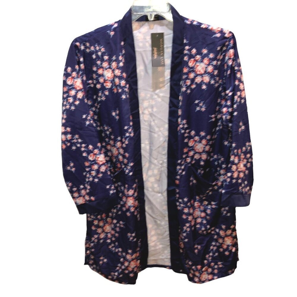 New Morgan Lane Fab Fit Fun Small Medium Blue Floral Satin 3/4 Sleeve Open Robe